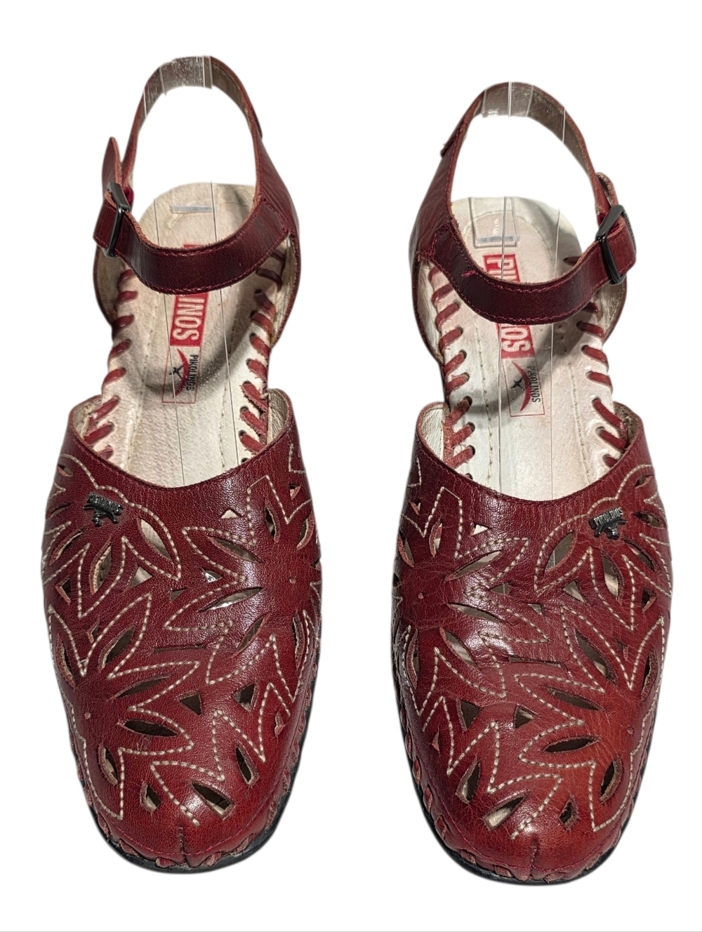PIKOLINOS LEATHER LASER CUT SLING BACK WEDGE SHOES RED SZ 37 (6.5-7)
